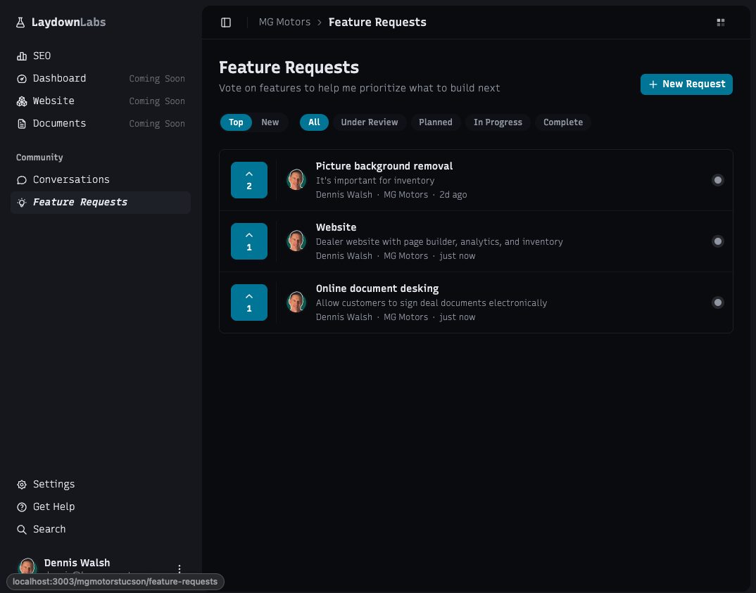 Feature requests board where dealers vote on what gets built next